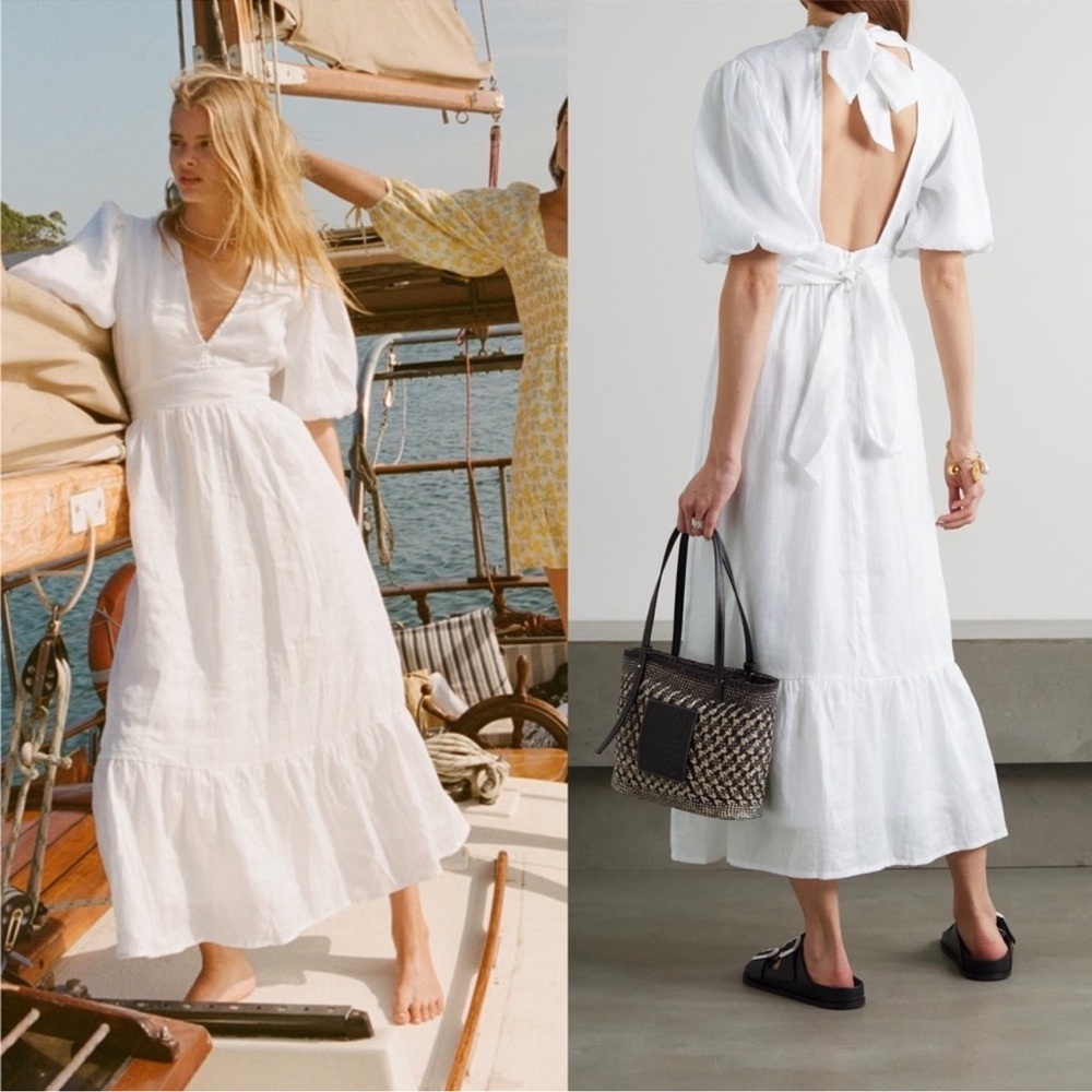 Faithfull the Brand White Midi Linen Dress with Puff Sleeves